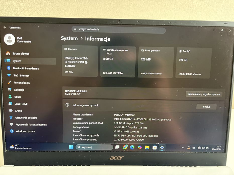 Acer swift 5 sf514-54t-526C i5