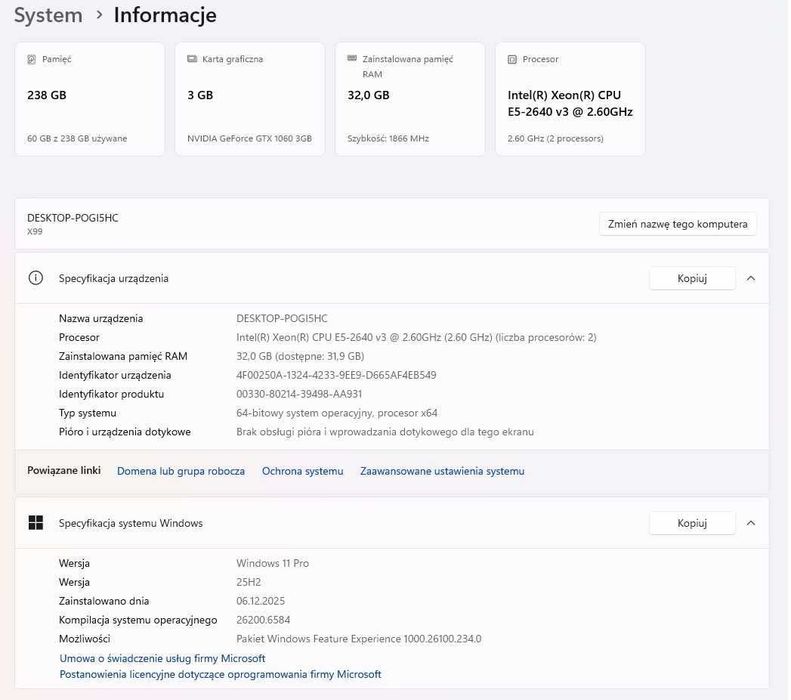 Komputer Gamingowy/2 procesory/32Gb DDR4/256gb NVMe/GTX1060/win11pro