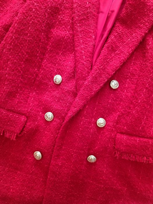 Czerwona tweedowa marynarka długi rękaw elegancka mohito 36 S