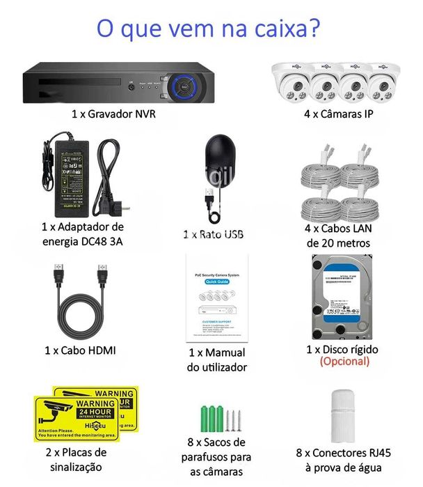 Kit Conjunto ‼️ 4 Câmaras ‼️ PoE ‼️ 5MP ‼️ Identificação / Rosto