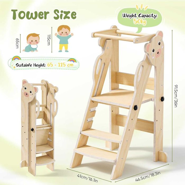 Torre de Aprendizagem Montessori Dobrável para Crianças – Altura Ajustável, 18 Meses a 6 Anos