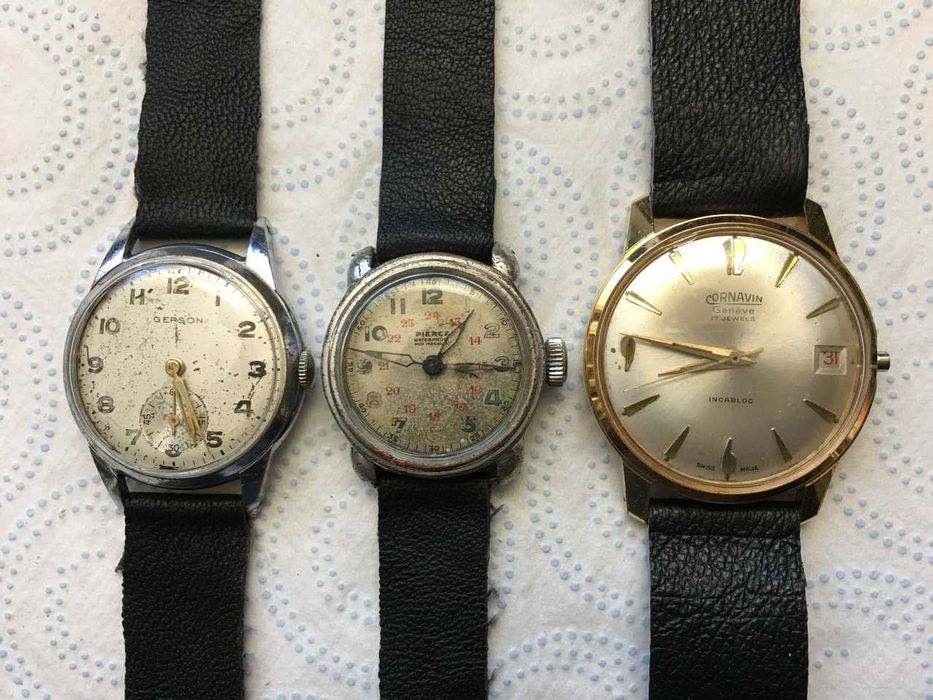 Trzy zegarki męskie vintage AVALON, PIERCE i CORNAVIN jeden sprawny, dwa do naprawy