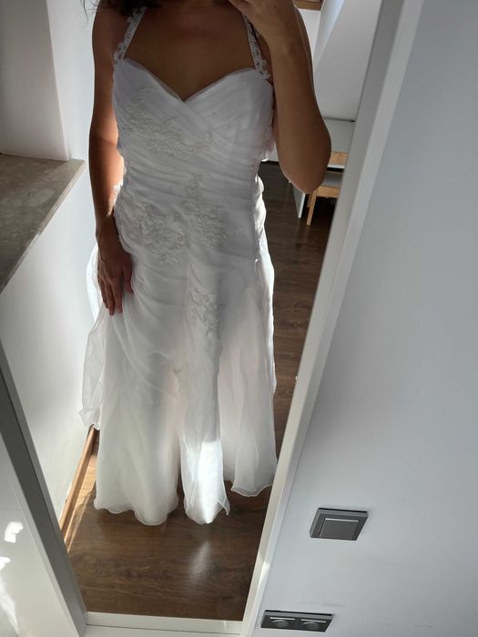 Suknia ślubna z koronką i ramiączkami lekka, romantyczna rozmiar S-M