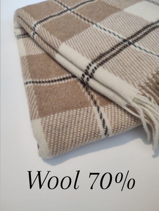 Koc pled wełniany 210 x 170 cm beżowy w kratkę