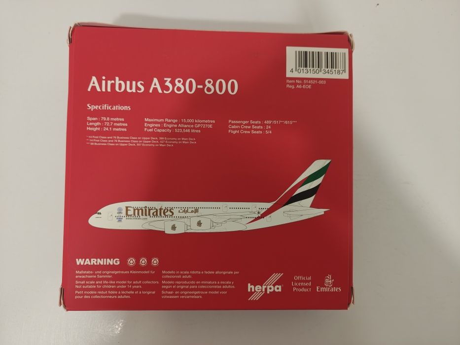 Herpa Emirates a380 1/500 novo