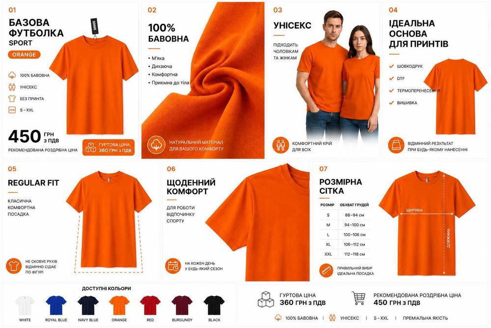 БАЗОВІ футболки SPORT 100% бавовна | УНІСЕКС | S-XXL | 7 КОЛЬОРІВ