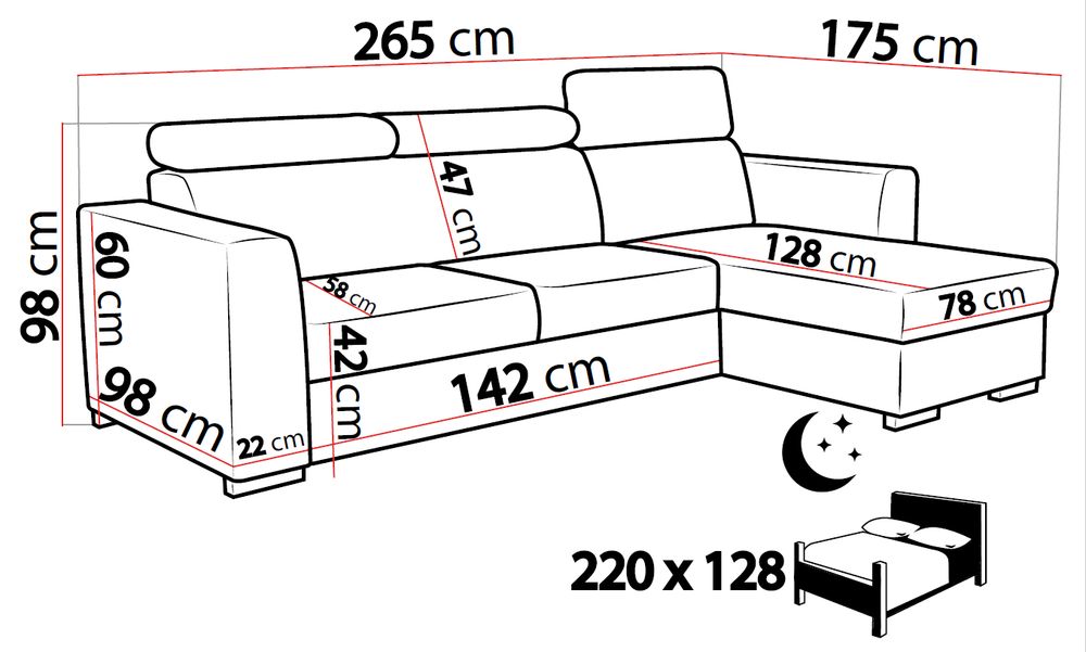 Narożnik ZARA 230 x 165 - funkcja spania, pojemnik, ruchome zagłówki