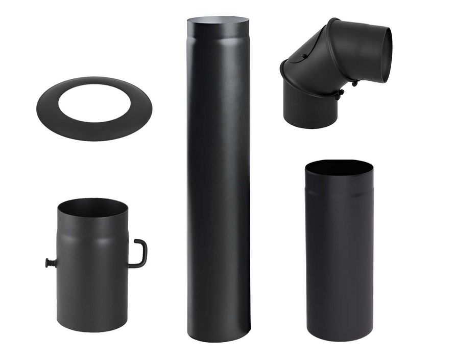 Rura spalinowa stalowa fi 120/130/150 kolanko, szyber, rozeta, gr.2 mm