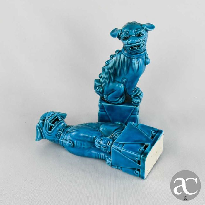 Par de Cães de Foo porcelana da China em Azul-turquesa