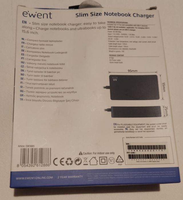 Carregador Universal Portátil Ewent EW3985 65W (Como Novo)