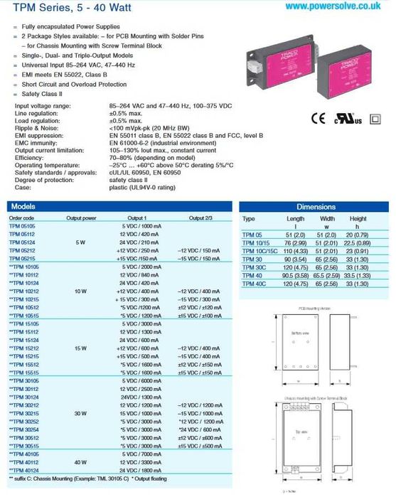 Traco Power TPM 30515 промисловий блок живлення 5В 3А,+-15В 0.5А