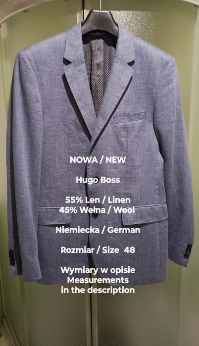 Hugo Boss  NOWA Elegancka marynarka z tkaniny lniano-wełnianej, Roz 48