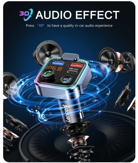 Transmiter samochodowy Bluetooth FM, szybka ładowarka LENCENT BT23R