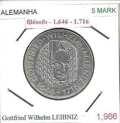 Alemanha -5 Mark - 1966-D - Gottfried Wilhelm Leibniz - Moeda de Prata