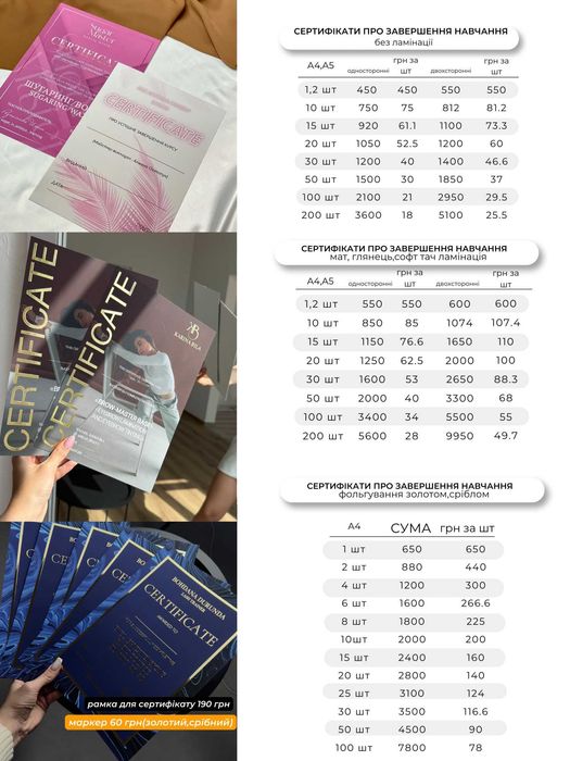 Сертифікати про завершення навчання, дипломи А4
