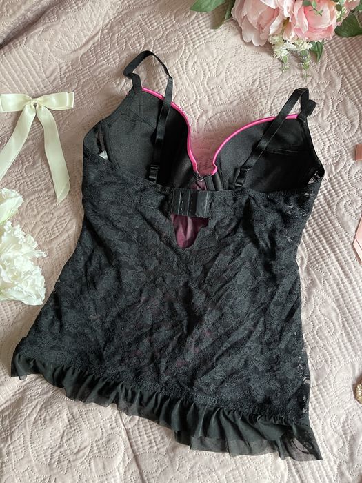 Top bieliźniany halka czarny różowy koronka kokardki coquette h&m