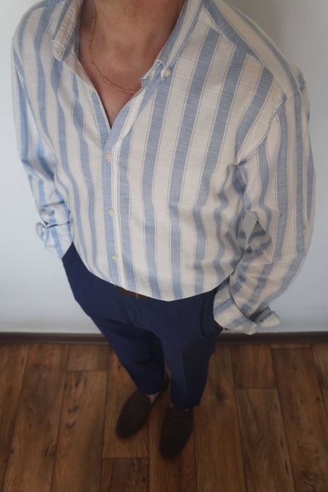 Letnia Koszula Slim Fit Smog w Błękitne Paski | Rozmiar L | Stan Idealny