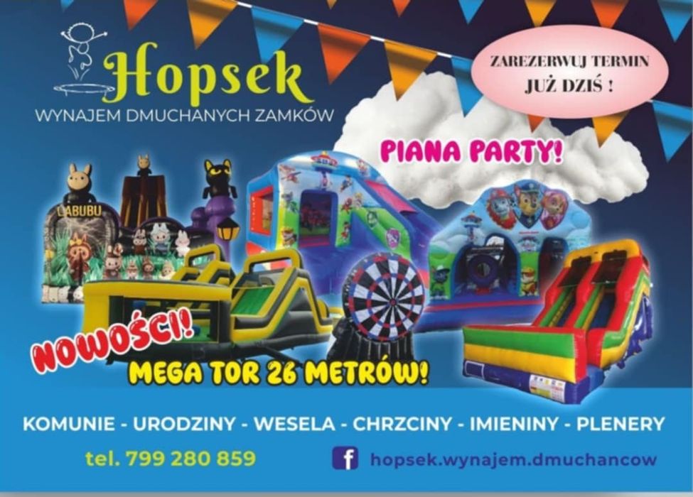 Dmuchaniec, wynajem dmuchańca , mega tor 26 m , piana party , dart