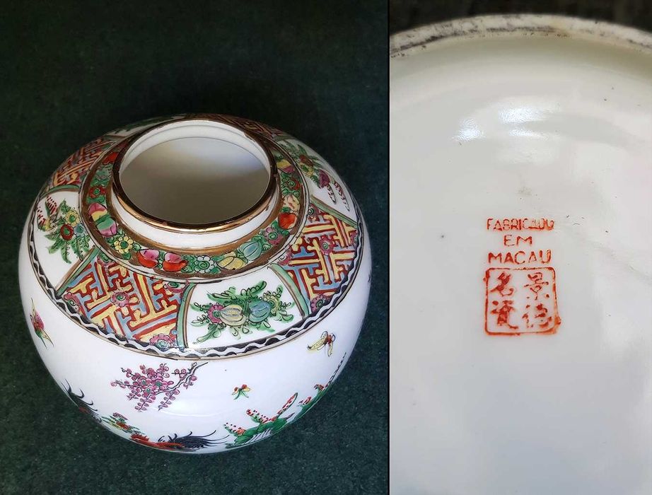 Pote com tampa em louça de Macau com peanha em madeira