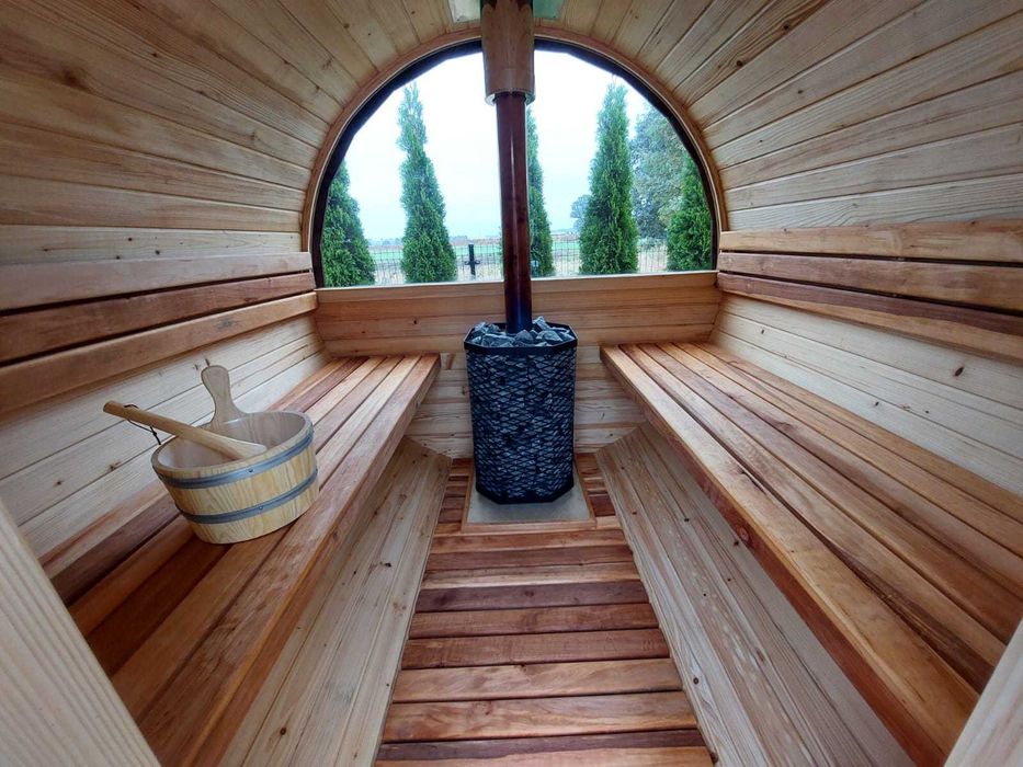 Sauna ogrodowa drewniana z tarasem beczka piec drewno 2,5m szyba 50%