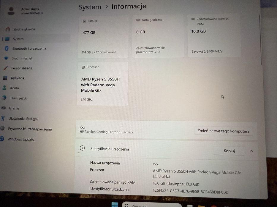 Laptop Gamingowy HP 15 EC0045NW 5 3550H 16GB 512GB SSD GTX1650 B&O bdb