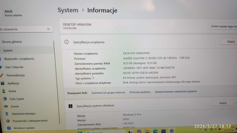 Laptop Asus Niebieski mozny do grania z grafika geforce i  roczna gwarancja