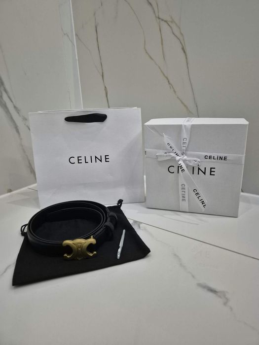 Celine piękny damski czarny pasek złota klamra prezent