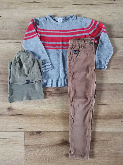 Zestaw ubrań dla chłopca r116, spodnie, sweter, czapka, komin.