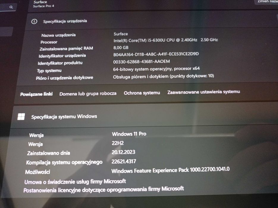 Microsoft Surface Pro 4 1724 i5 8GB RAM 256SSD Win11 bez dotyku