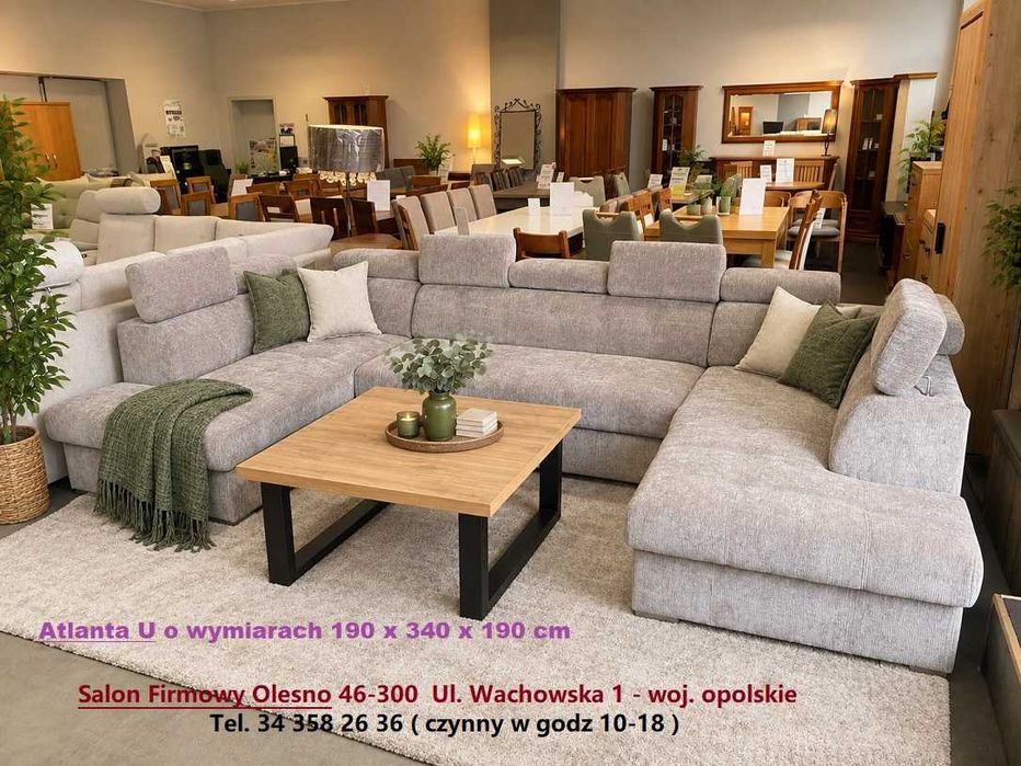 Atlanta wersja U 190 x 340 x 190 cm / Tkanina Zmywalna / ze spaniem + Dwa Pojemniki  SALON MEBLOWY PYKA