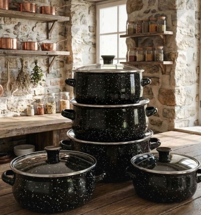 Garnki Kuchenne Emaliowane Naczynia do Kuchni na Indukcję Gaz Nowe