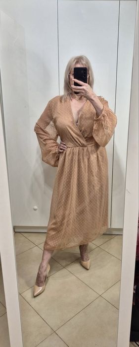Sukienka 54 Boohoo łososiowa kopertowa midi elegancka plus size