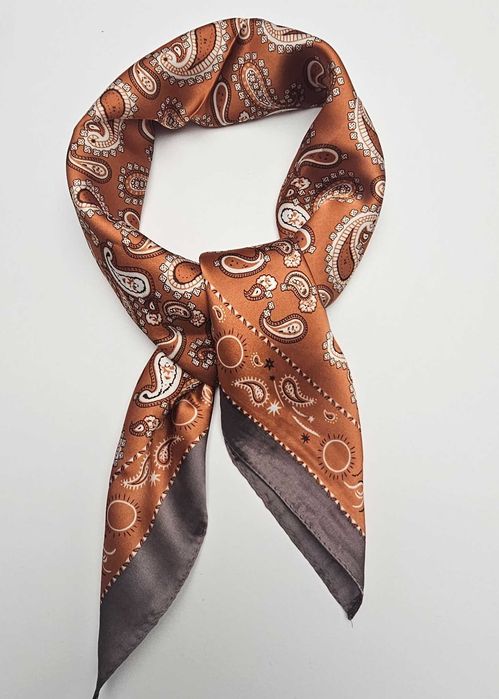 Brązowa chustka paisley retro miedziana apaszka do torebki