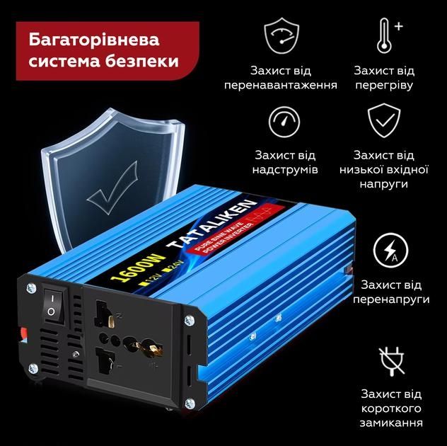 Інвертор 12-220 Tataliken 1600 Вт чиста синусоїда Инвертор 12/220