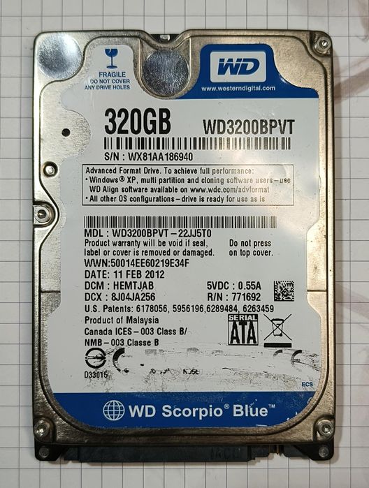 Western Digital WD3200BPVT-22JJ5T0 — 320 GB, SATA II, 2.5″