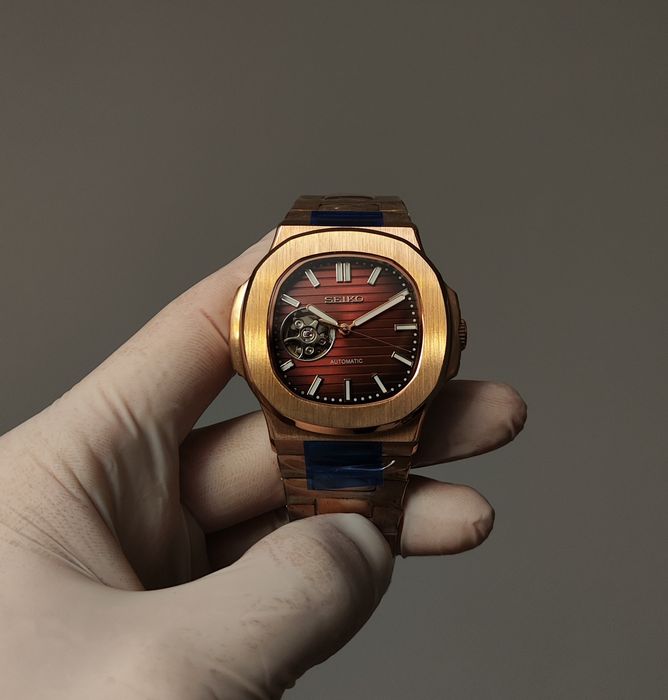 Seiko MOD Nautilus Brązowy Open Heart Rose Gold Custom Nowy