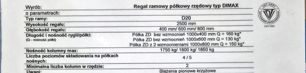 Regał Dimax D20, 4 metry, bardzo dobry stan, z demontażu