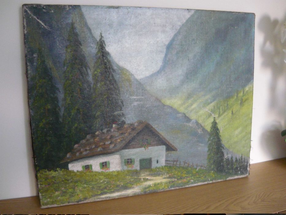 Stary obraz olejny sygnowany z 1943 r wiejski domek na tle gór