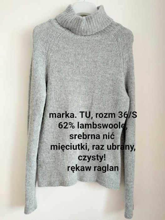Sweter golf TU 36/S miękki 62% lamswool  szary + srebrna nić 3%