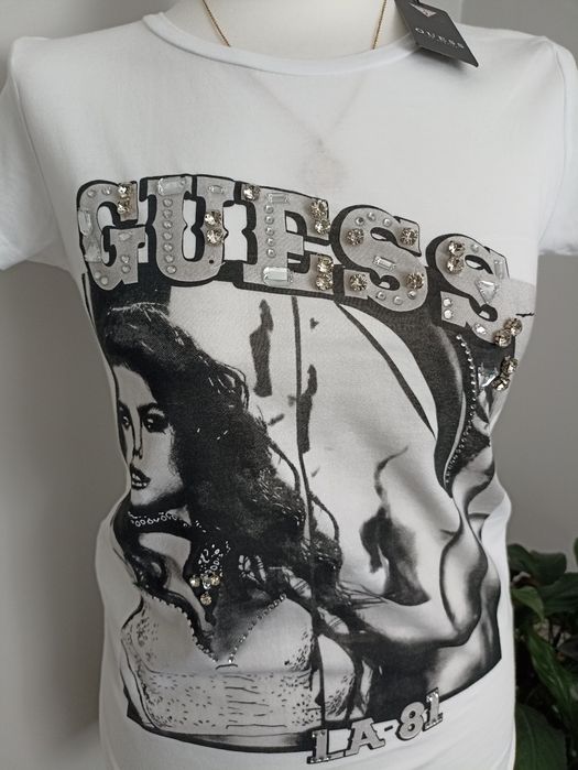 T-shirt damski biały cekiny Guess roz.S/M