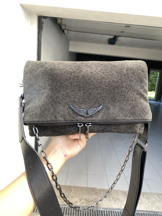 Mala carteira zadig & voltaire rocky camurça leopardo tigresa cinza