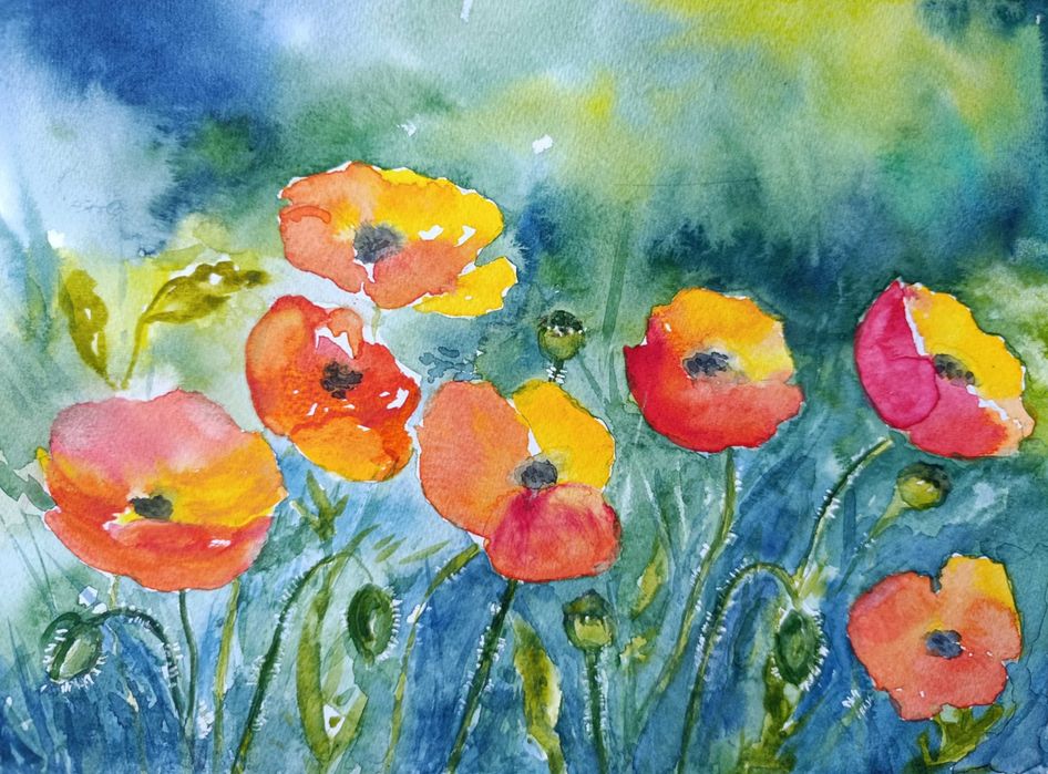 Obraz ręcznie malowany akwarela Makowa łąka 32x24 cm