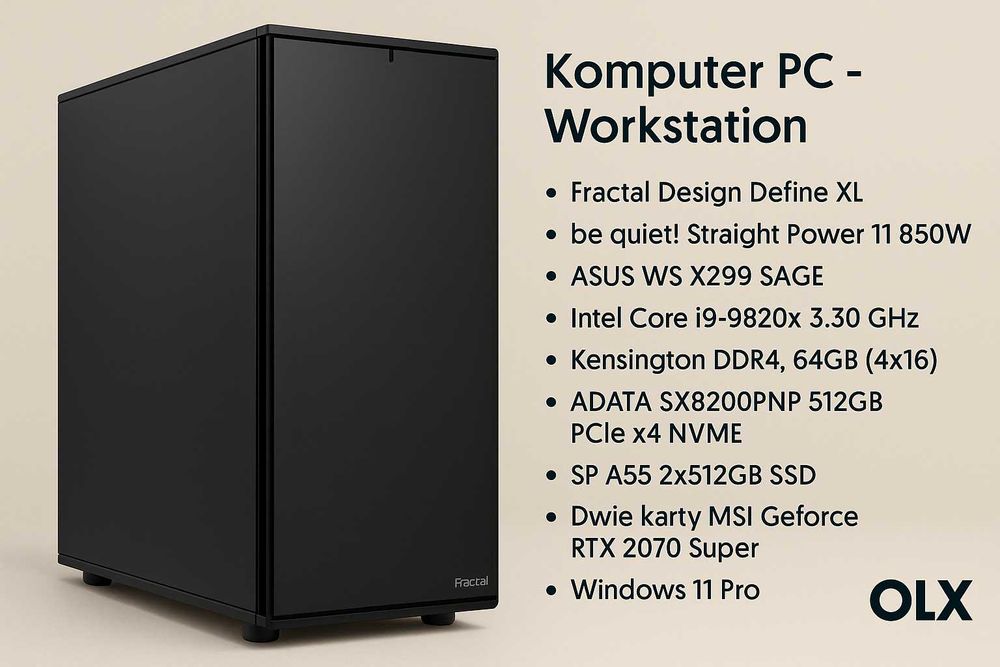 Komputer PC / i9 / 64GB / 2x RTX 2070 Super / Dla grafika, inżyniera