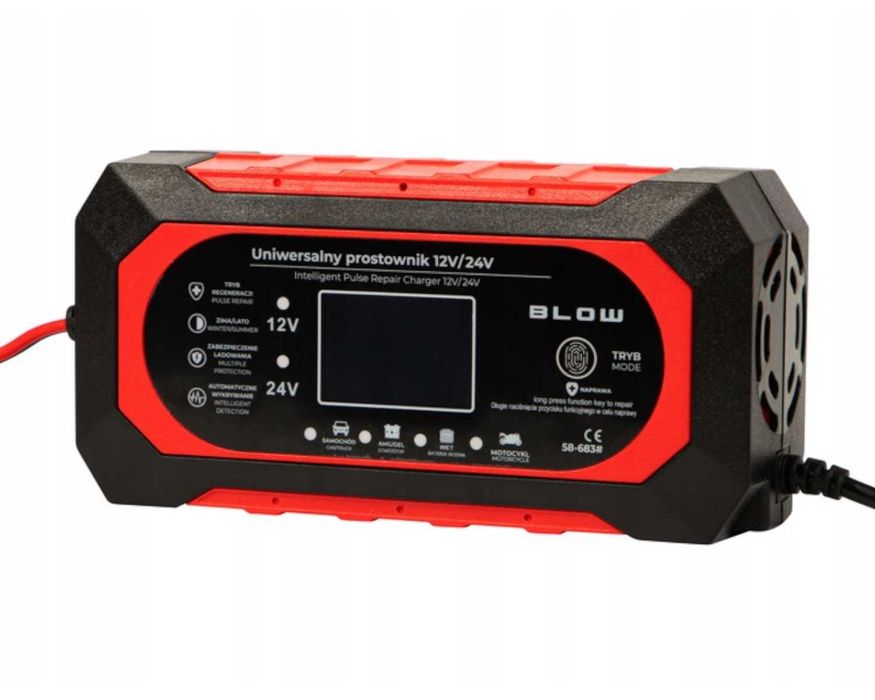 Prostownik AUTOMATYCZNY 12V 24V LCD Szybkie Ładowanie Tryb Naprawy