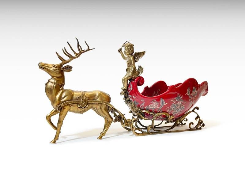 Taça de porcelana e bronze em forma de trenó com anjo - Art Nouveau 2