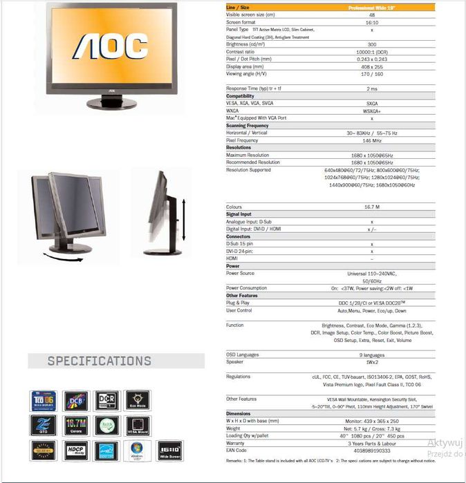 Monitor AOC 19"  2 sztuki