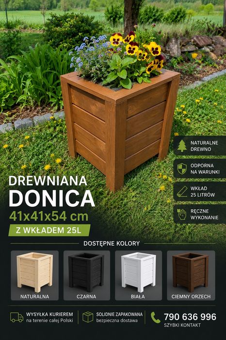 NOWOCZESNA DONICA DREWNIANA 41x41x54 cm + Wkład 25L | 4 Kolor