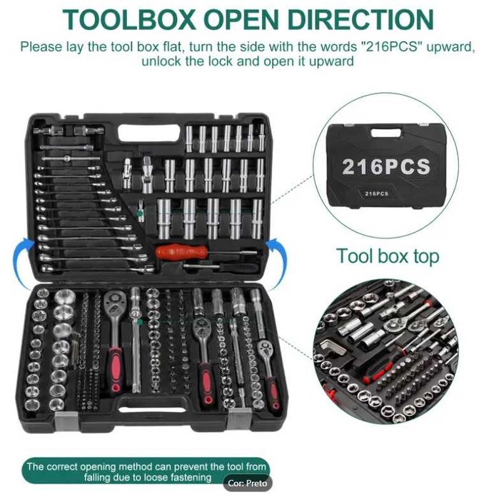 F1270 Conjunto 216 PEÇAS ferramentas mecânicas em aço cromo vanádio