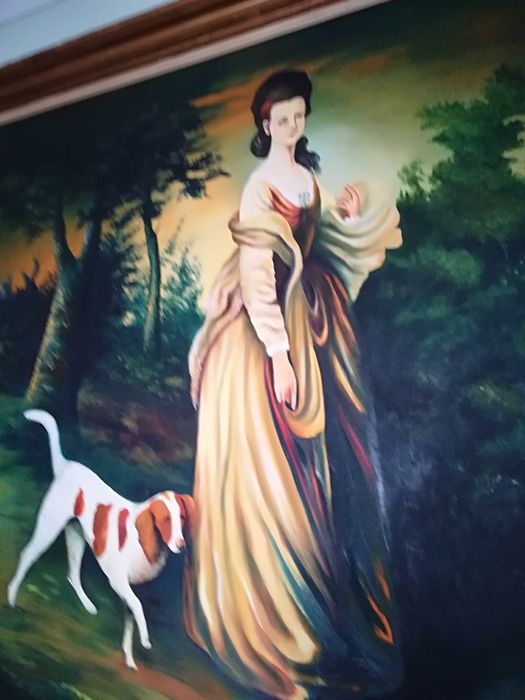 Pintura a óleo - 1,44 m por 1,16m  "A Dama e o seu fiel amigo" - Antig