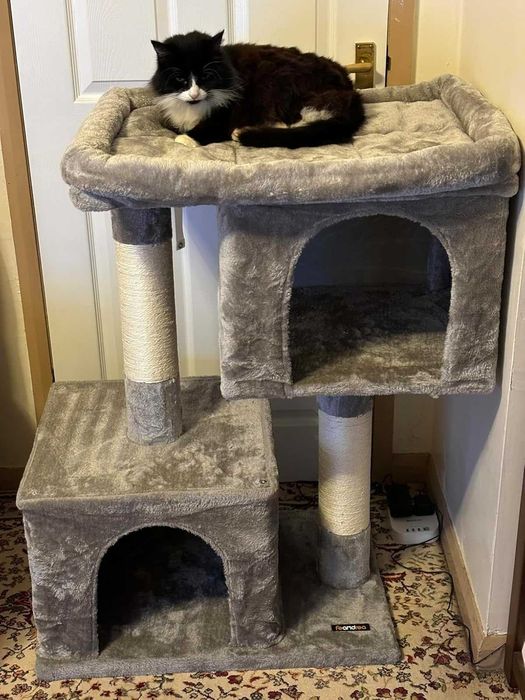 Kompaktowy drapak szary niski z legowiskiem domkiem platformą dla kota